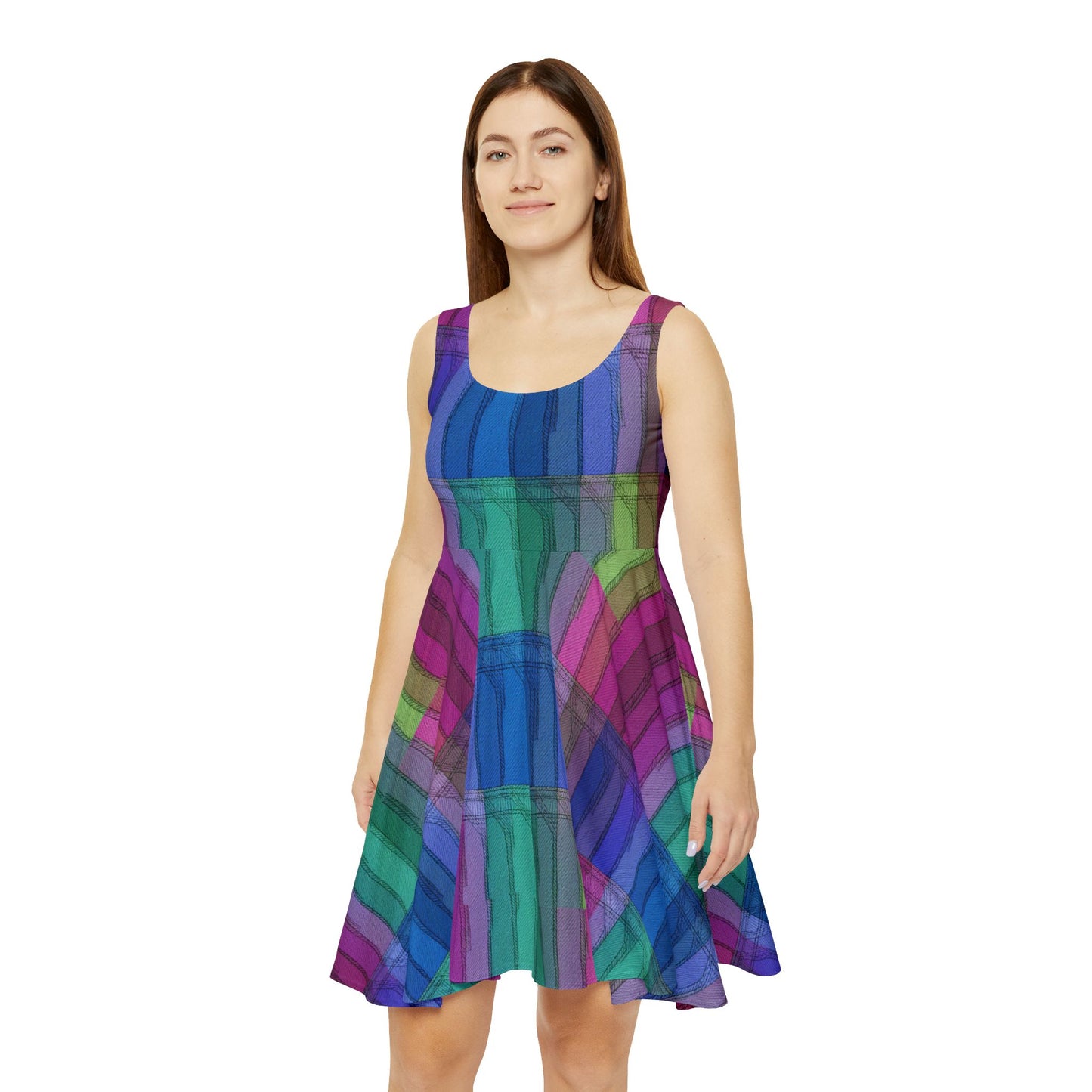 Women Denim Print Skater Dress, Denim Print Poly-Span Dress - 9