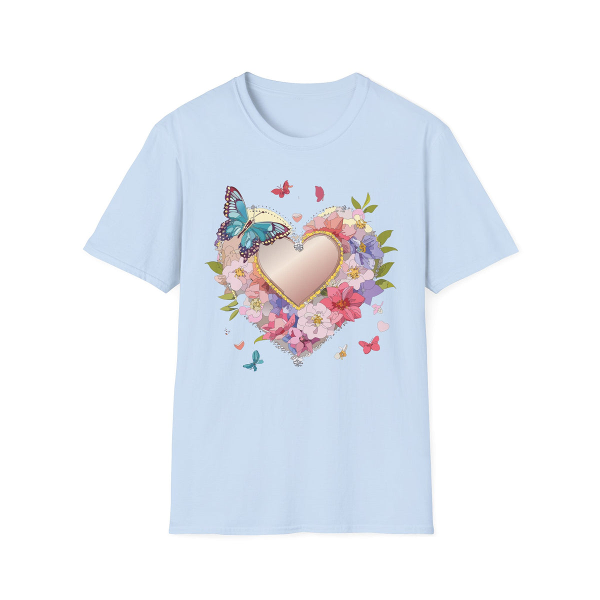 Butterfly Floral Heart Pink Gold Heart with Flowers and Butterflies Graphic Design Unisex 100 Cotton Gildan T-Shirt