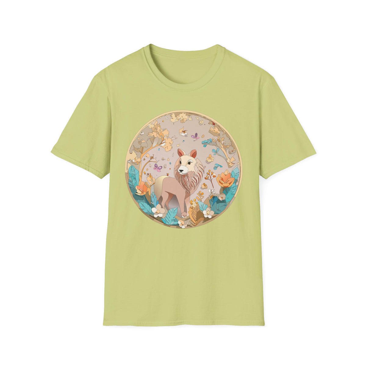 Whimsical Lion Garden Illustration T-Shirt | Floral Circle Art