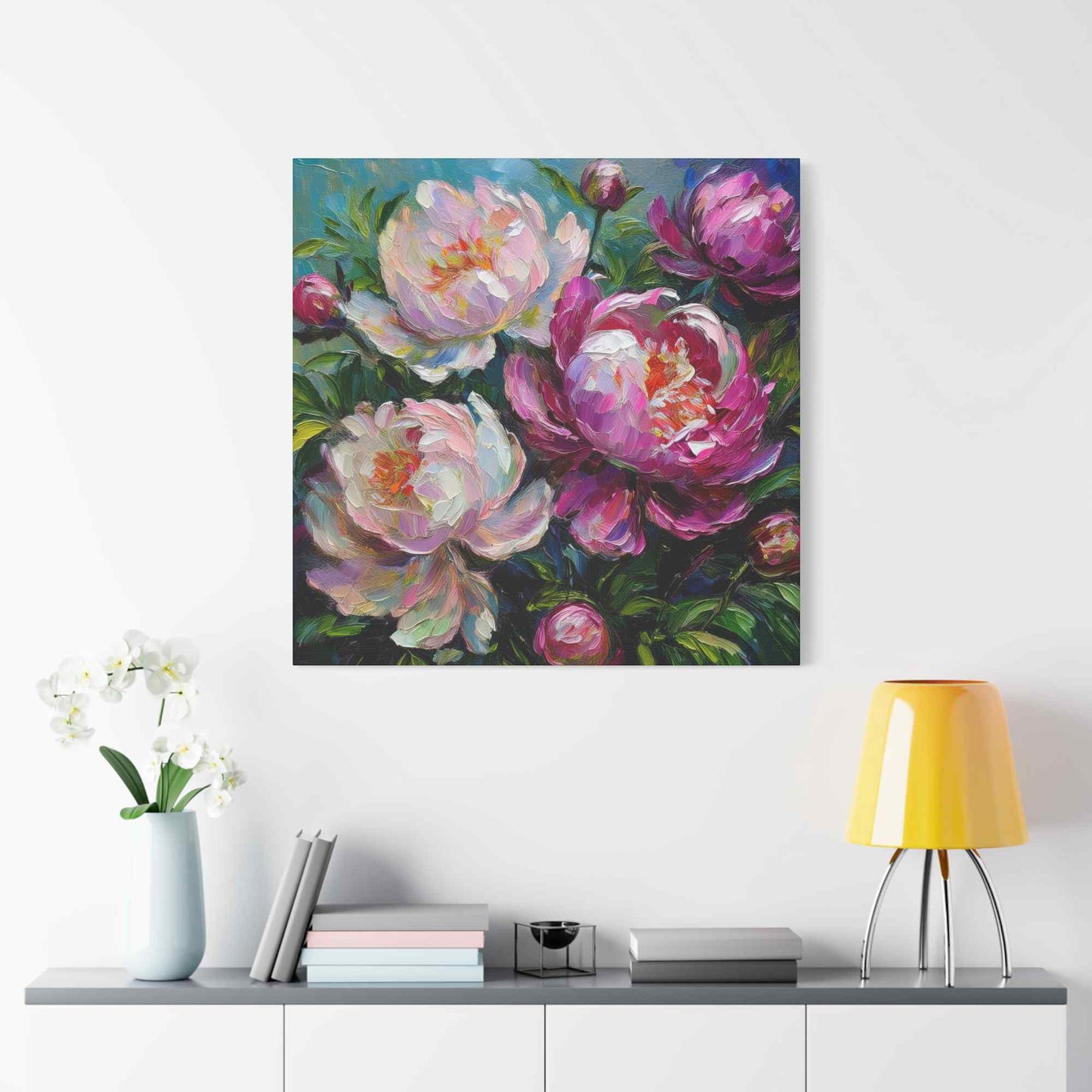 Pink Peonies Print Canvas, Floral Oil Paint Print 20x20, 24x24, 30x30, 32x32, 36x36 Art Design Pine-Wood Inner Frame MC-115