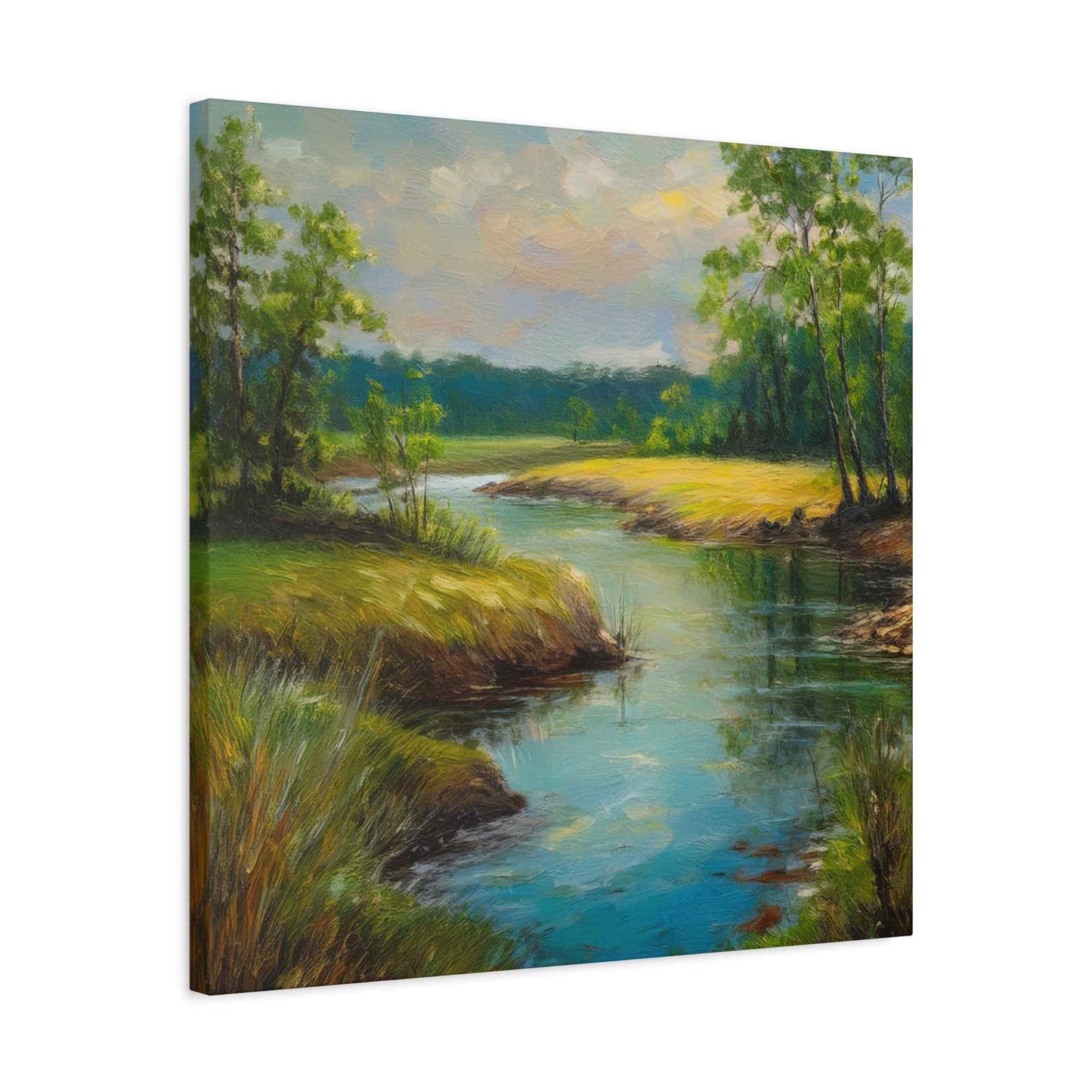 River Print Canvas, Landscape Oil Paint Print 20x20, 24x24, 30x30, 32x32, 36x36 Art Design Print Pine-Wood Inner Frame MC-55