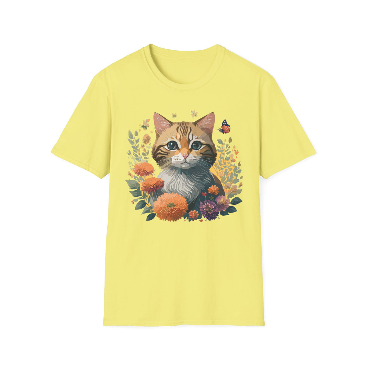 Cute Tabby Kitten Floral Illustration T-Shirt | Cat, Butterfly, Wildflowers Graphic Tee Unisex 100 Cotton Gildan T-Shirt