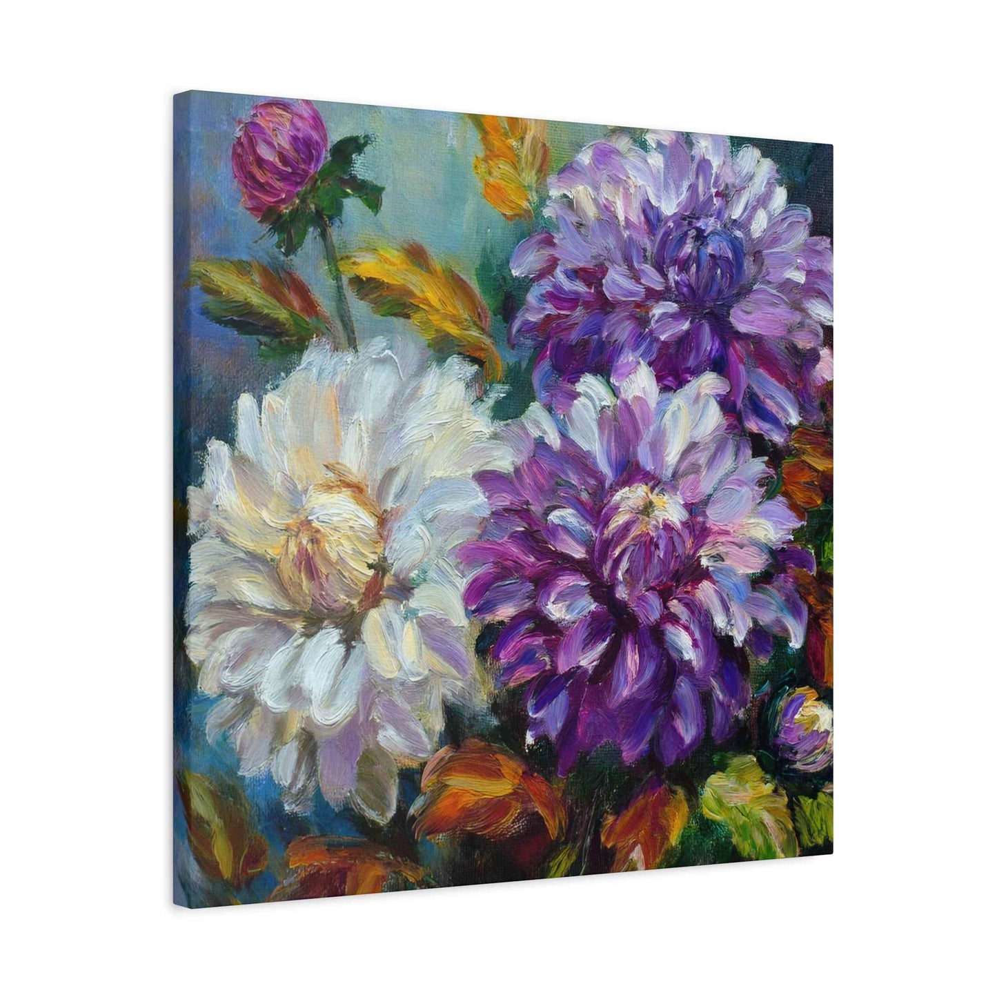 Dahlias Floral Print Canvas, Floral Oil Paint Print 20x20, 24x24, 30x30, 32x32, 36x36 Art Design Pine-Wood Inner Frame MC-173