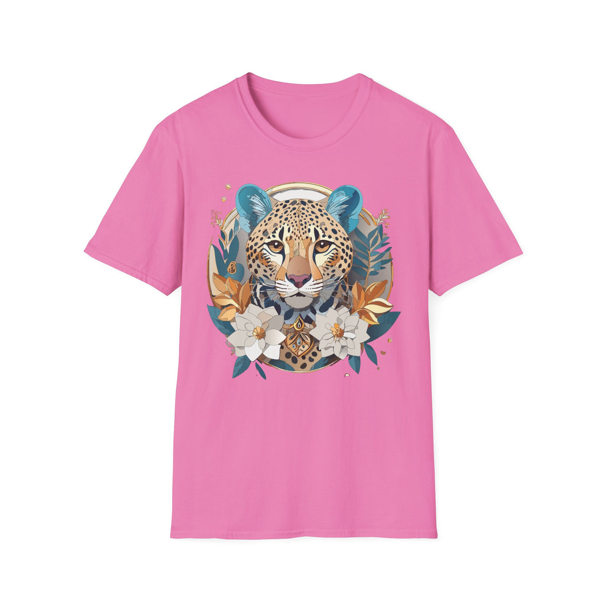 Boho Cheetah Face T-Shirt | Floral Leaves Illustration