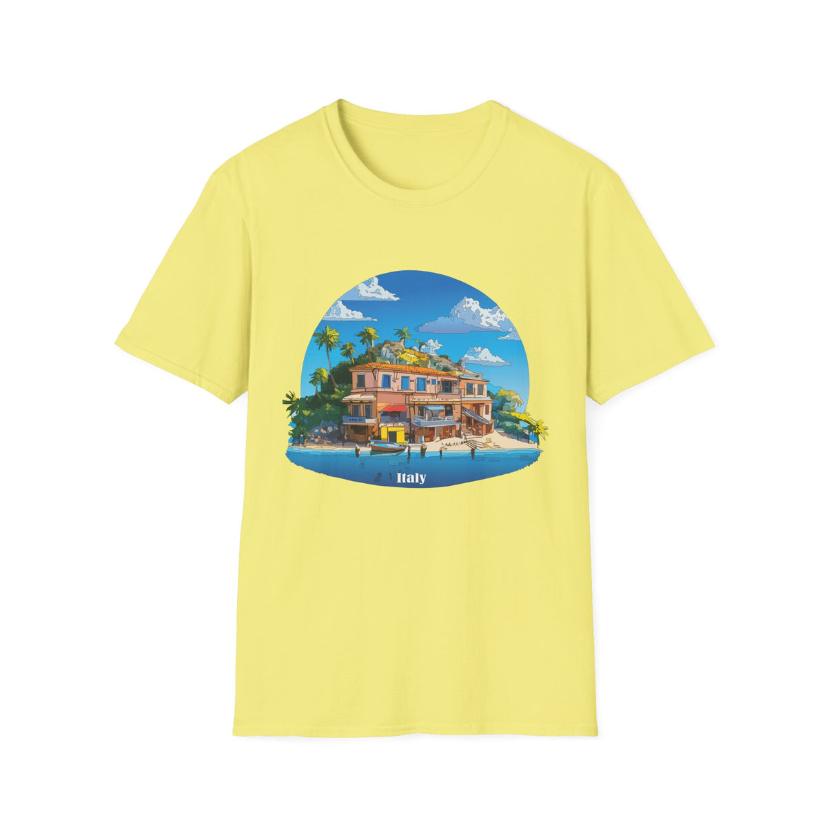 Italy Tropical Beach House Palm Trees T-Shirt | Seaside Villa Illustration