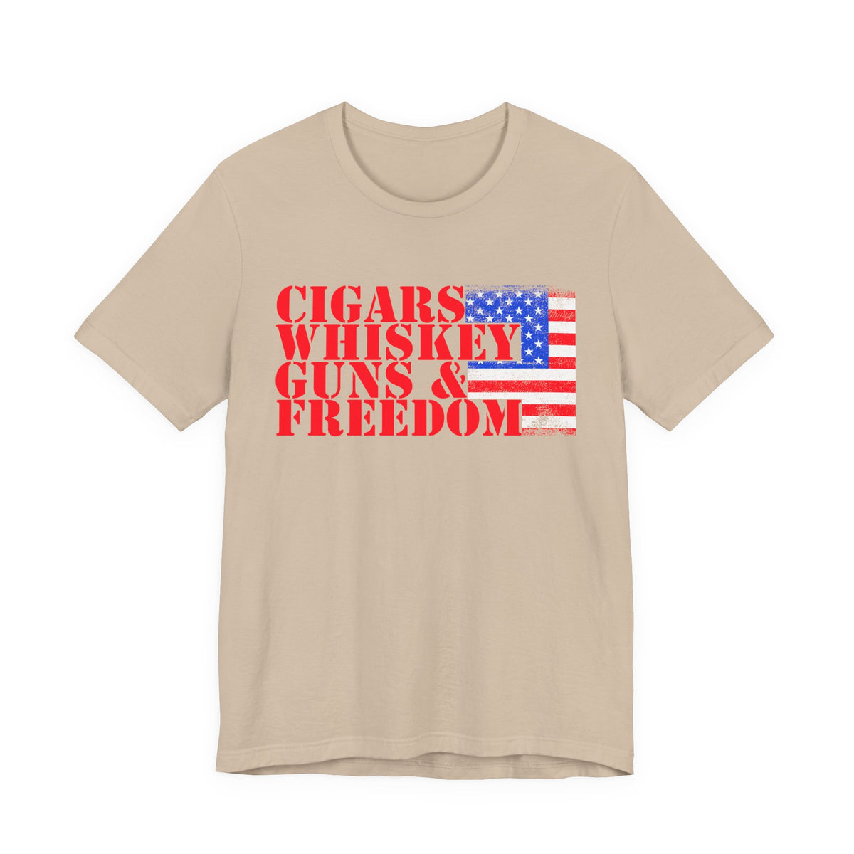 Cigars Whiskey Guns Freedom T-Shirt American Flag Text Graphic Unisex Cotton a2