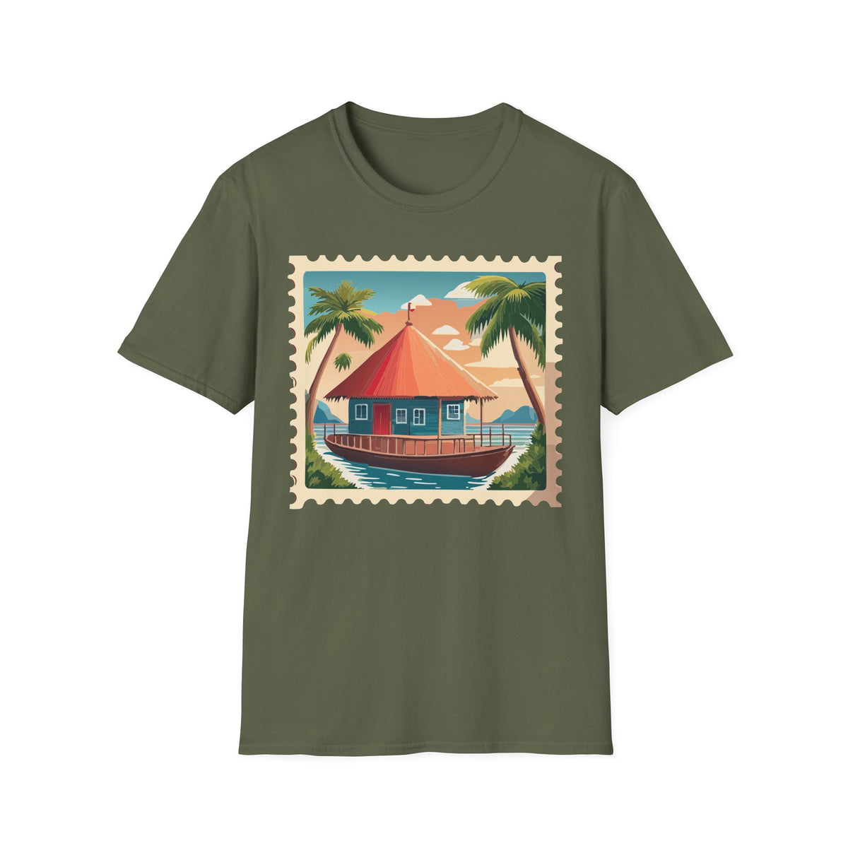 Tropical Beach Cottage T-Shirt | Palm Trees, Sunset Hut Graphic Tee Unisex 100 Cotton Gildan T-Shirt