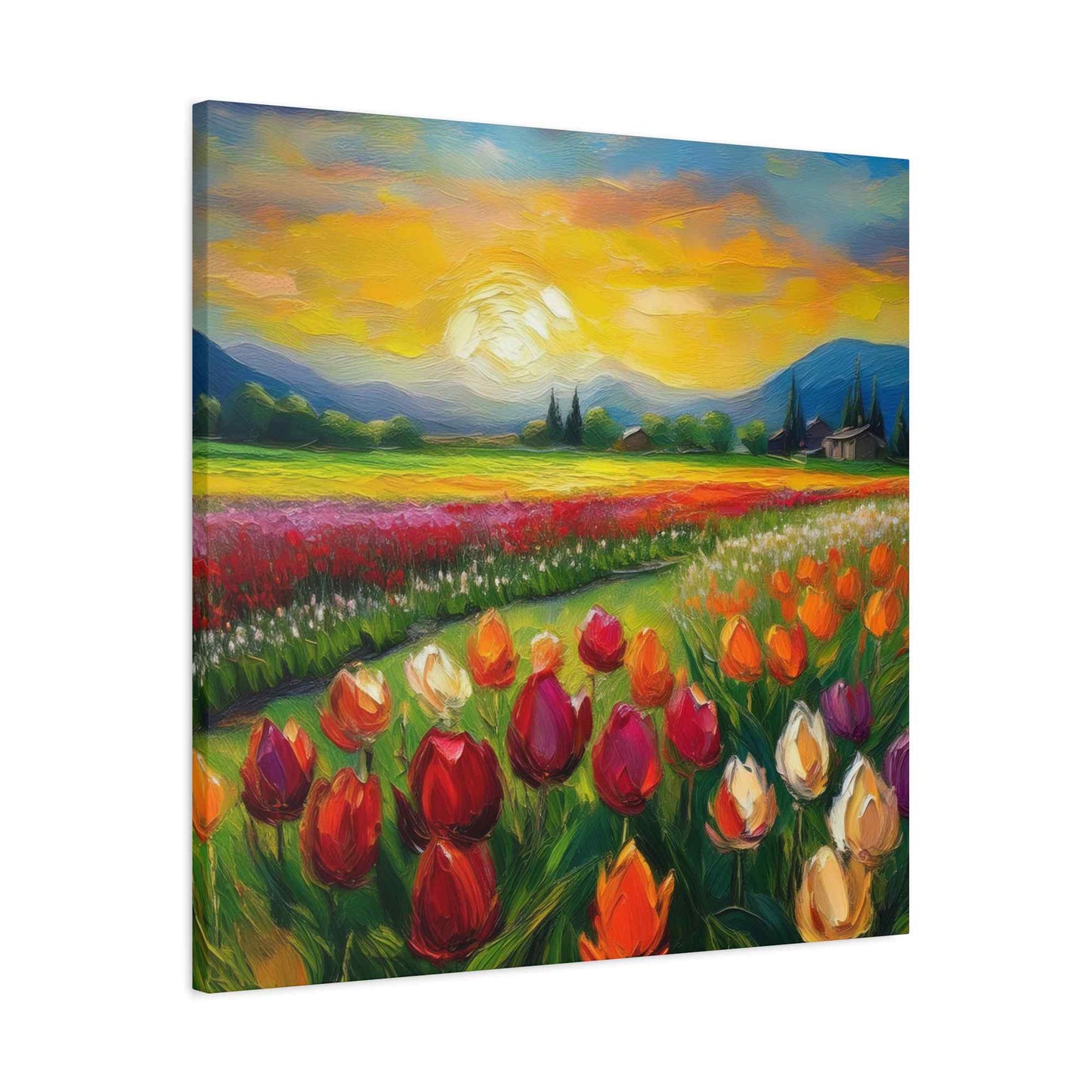 Tulips Fields Print Canvas, Floral Oil Paint Print 20x20, 24x24, 30x30, 32x32, 36x36 Art Design Pine-Wood Inner Frame MC-149