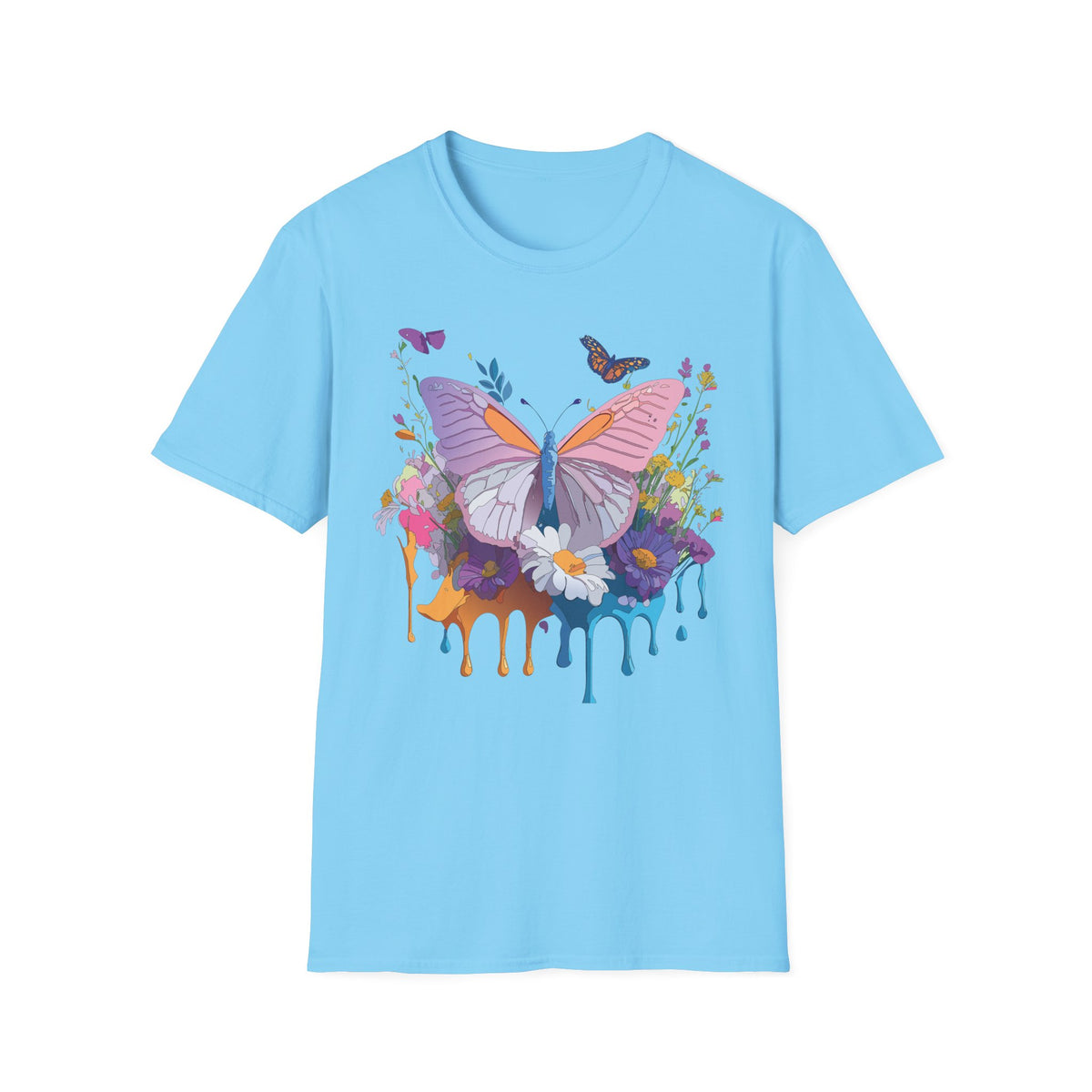 Butterfly Watercolor Drip T-Shirt — Pastel Floral Butterfly Graphic Design Unisex 100 Cotton Gildan T-Shirt