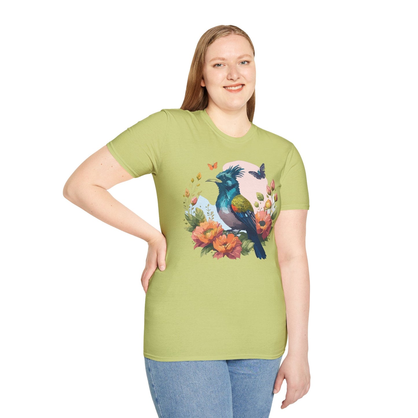 Floral Bird T Shirt Unisex Tee 100 Percent Ring Spun Cotton Softstyle Gildan 64000 Comfort Fit