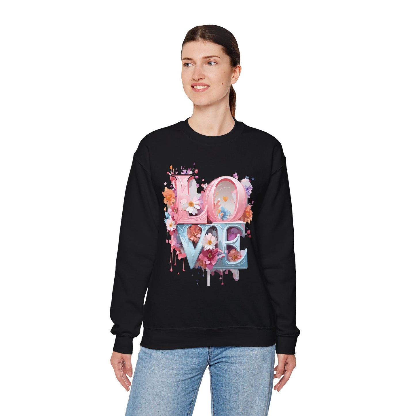 Floral Love Sweatshirt Unisex Love Flower Valentines Day Crewneck Gildan 18000 50 50 Cotton Polyester