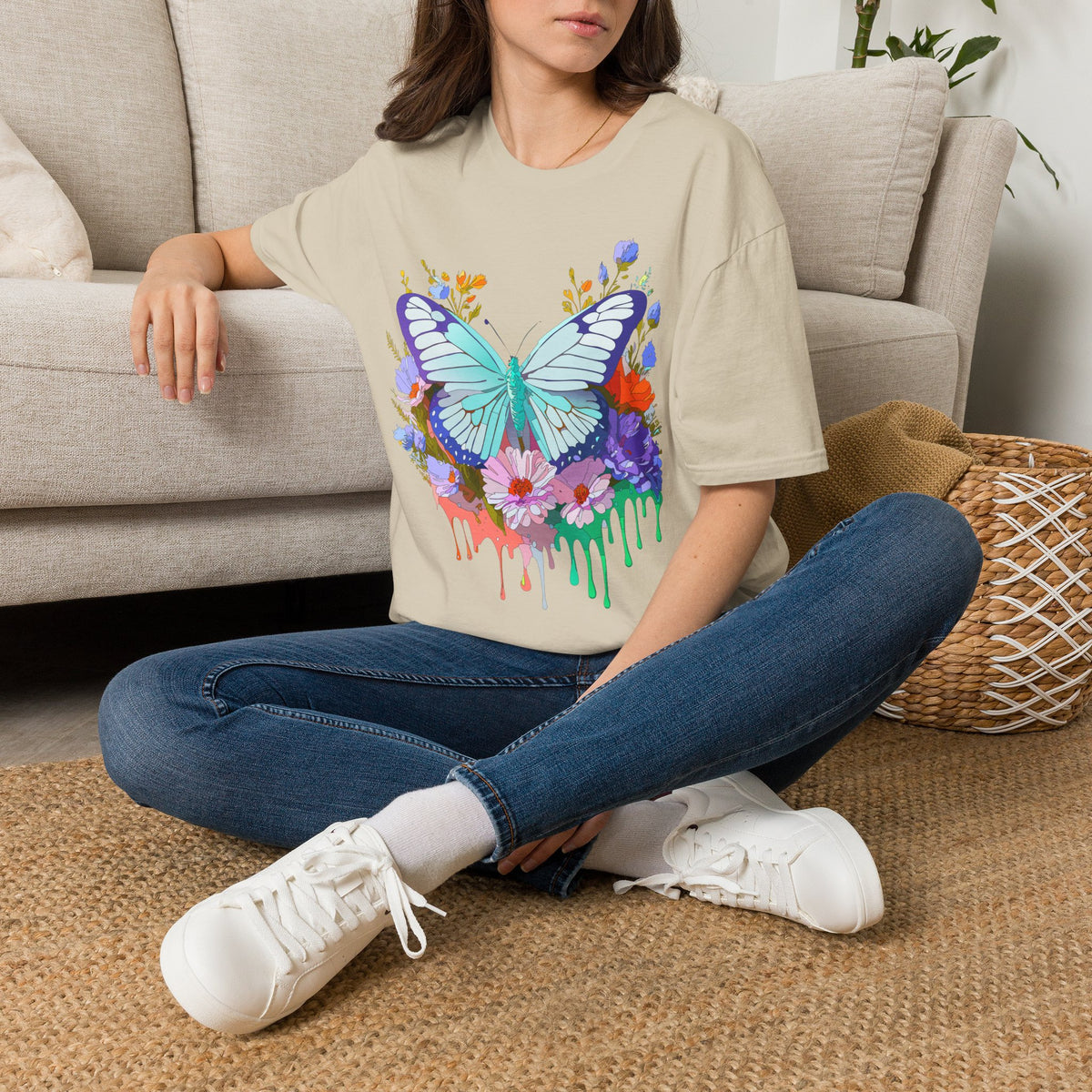 Butterfly Floral Drip T-Shirt — Teal Butterfly with Watercolor Flowers Graphic Tee Unisex 100 Cotton Gildan T-Shirt