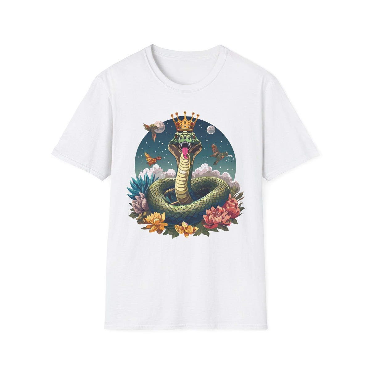 Crowned Snake Illustration T-Shirt | Regal Serpent, Floral Night Scene