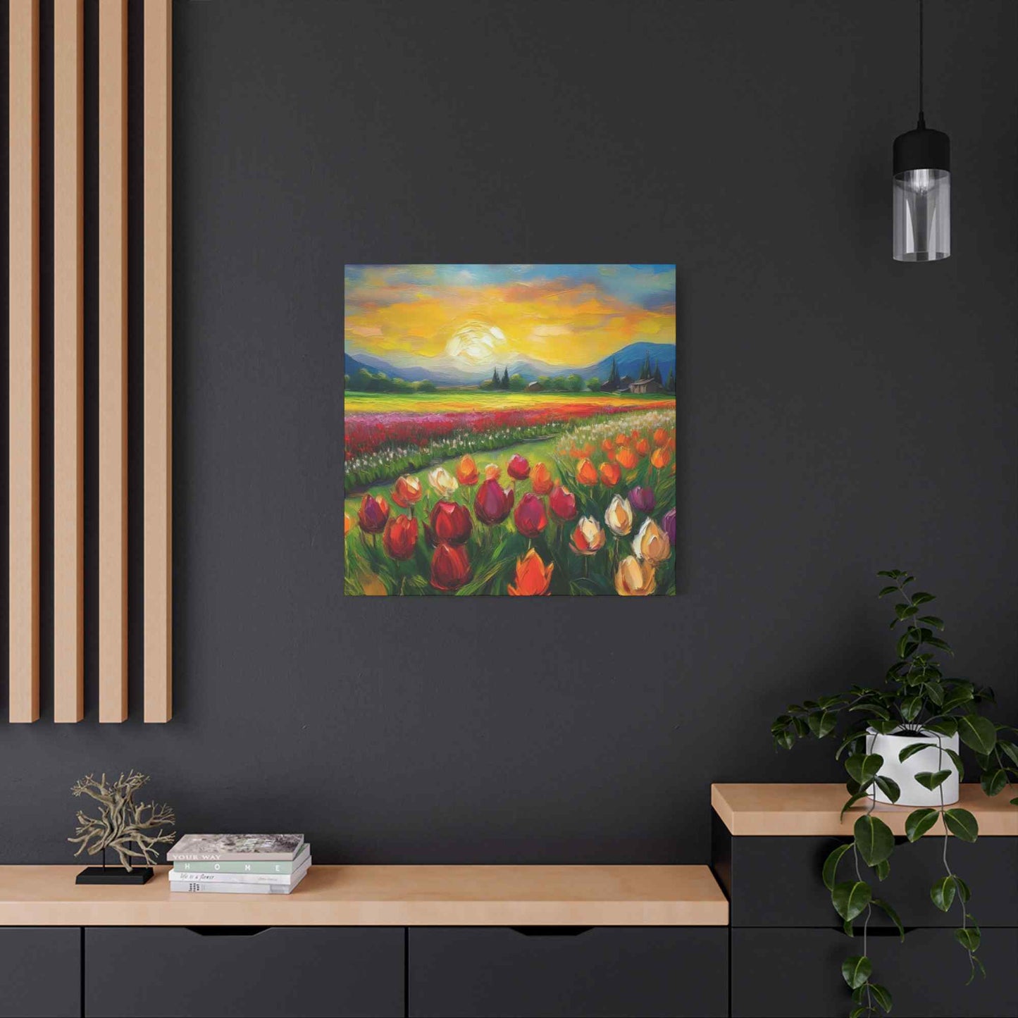 Tulips Fields Print Canvas, Floral Oil Paint Print 20x20, 24x24, 30x30, 32x32, 36x36 Art Design Pine-Wood Inner Frame MC-149