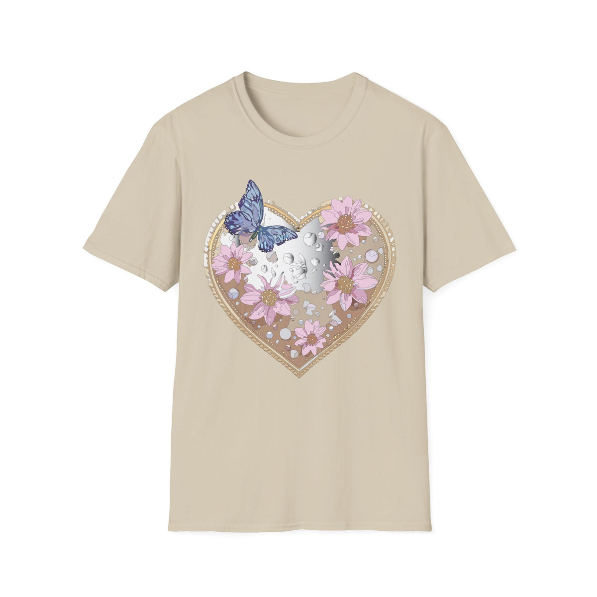 Floral Heart with Butterfly T-Shirt | Pink Flowers, Moon Phases Graphic Tee Unisex 100 Cotton Gildan T-Shirt