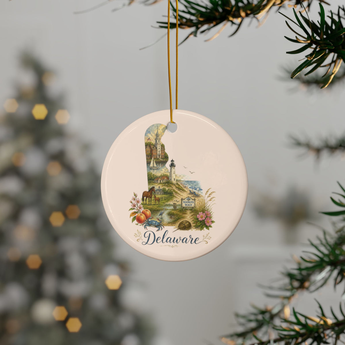 Delaware State Map Collage Ceramic Ornament - 2.99" Includes Gold String