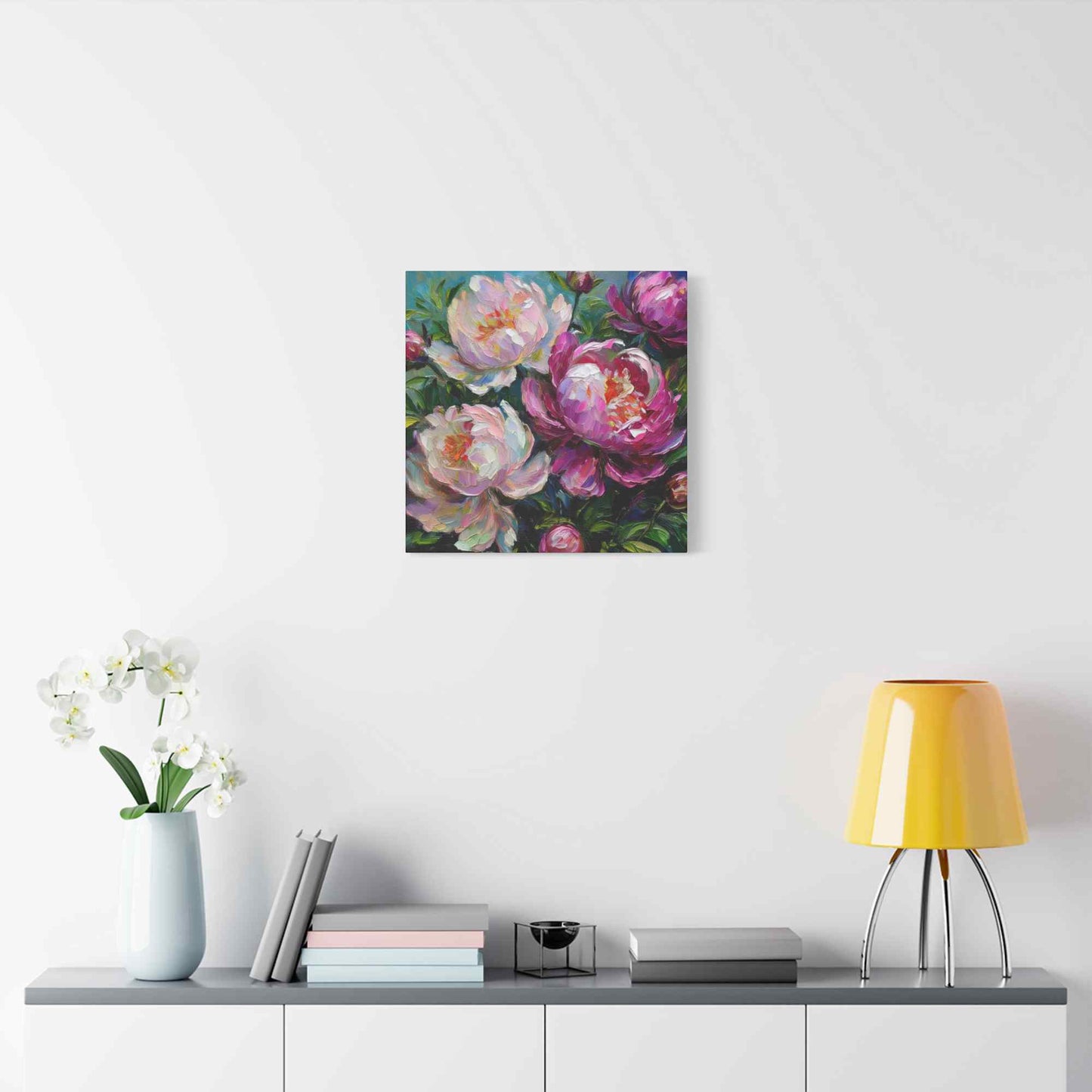 Pink Peonies Print Canvas, Floral Oil Paint Print 20x20, 24x24, 30x30, 32x32, 36x36 Art Design Pine-Wood Inner Frame MC-115