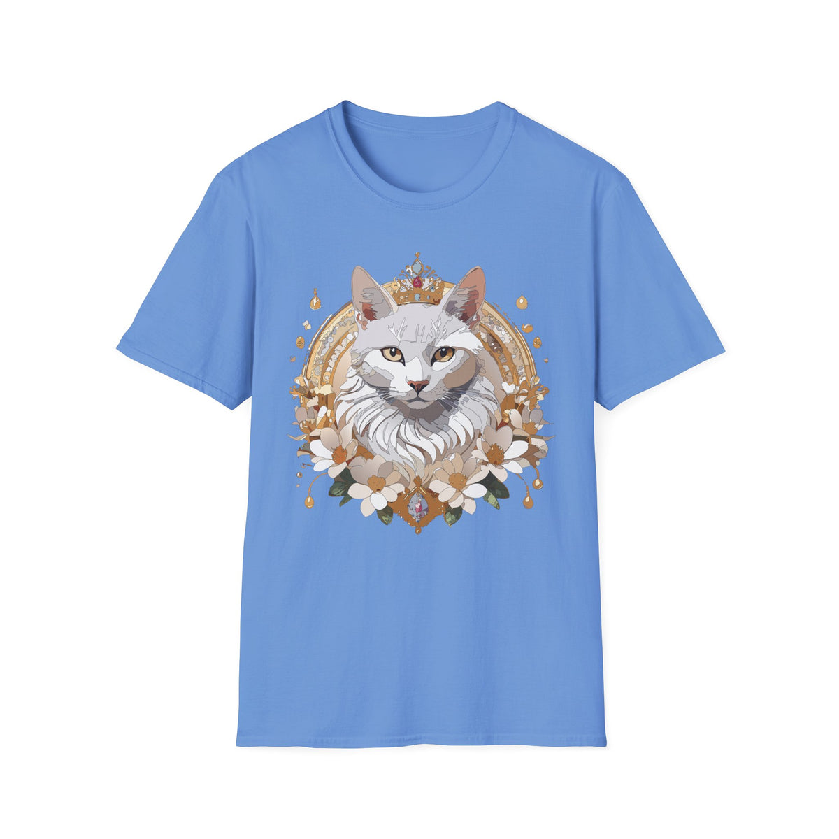 Regal White Cat Illustration T-Shirt | Crowned Feline Art