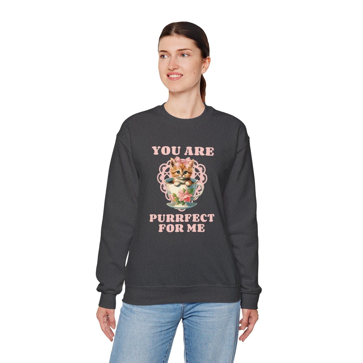 Cat Sweatshirt With Heart Print Valentines Day Unisex 50 50 Cotton Poly Crewneck