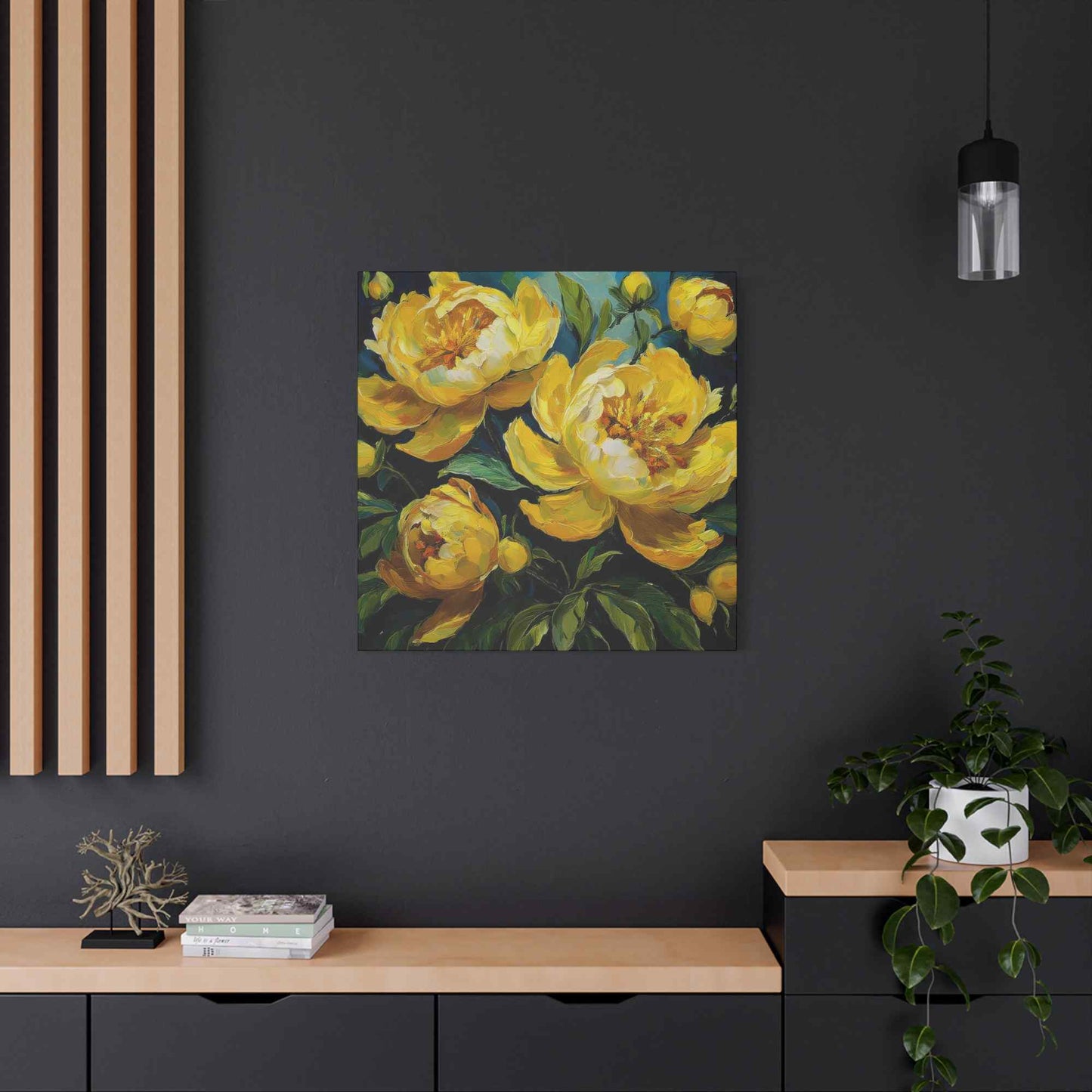 Yellow Peonies Print Canvas, Floral Oil Paint Print 20x20, 24x24, 30x30, 32x32, 36x36 Art Design Pine-Wood Inner Frame MC-121
