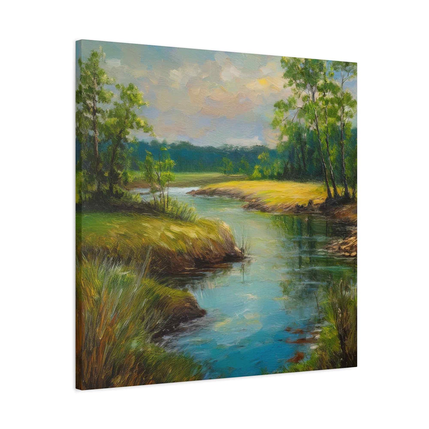 River Print Canvas, Landscape Oil Paint Print 20x20, 24x24, 30x30, 32x32, 36x36 Art Design Print Pine-Wood Inner Frame MC-55