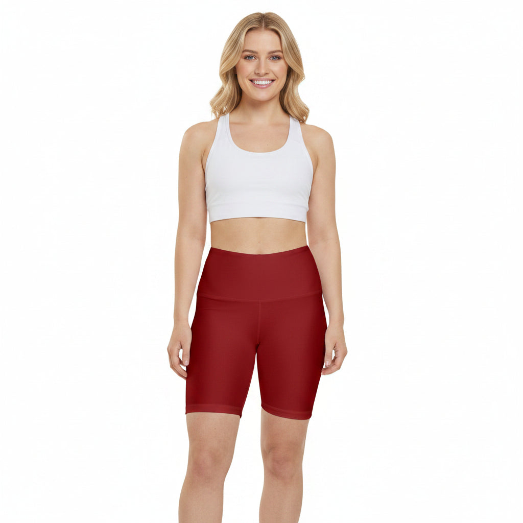 Oxblood Red Women's Workout Shorts — High-Waisted Red Bike Shorts for Gym & Yoga