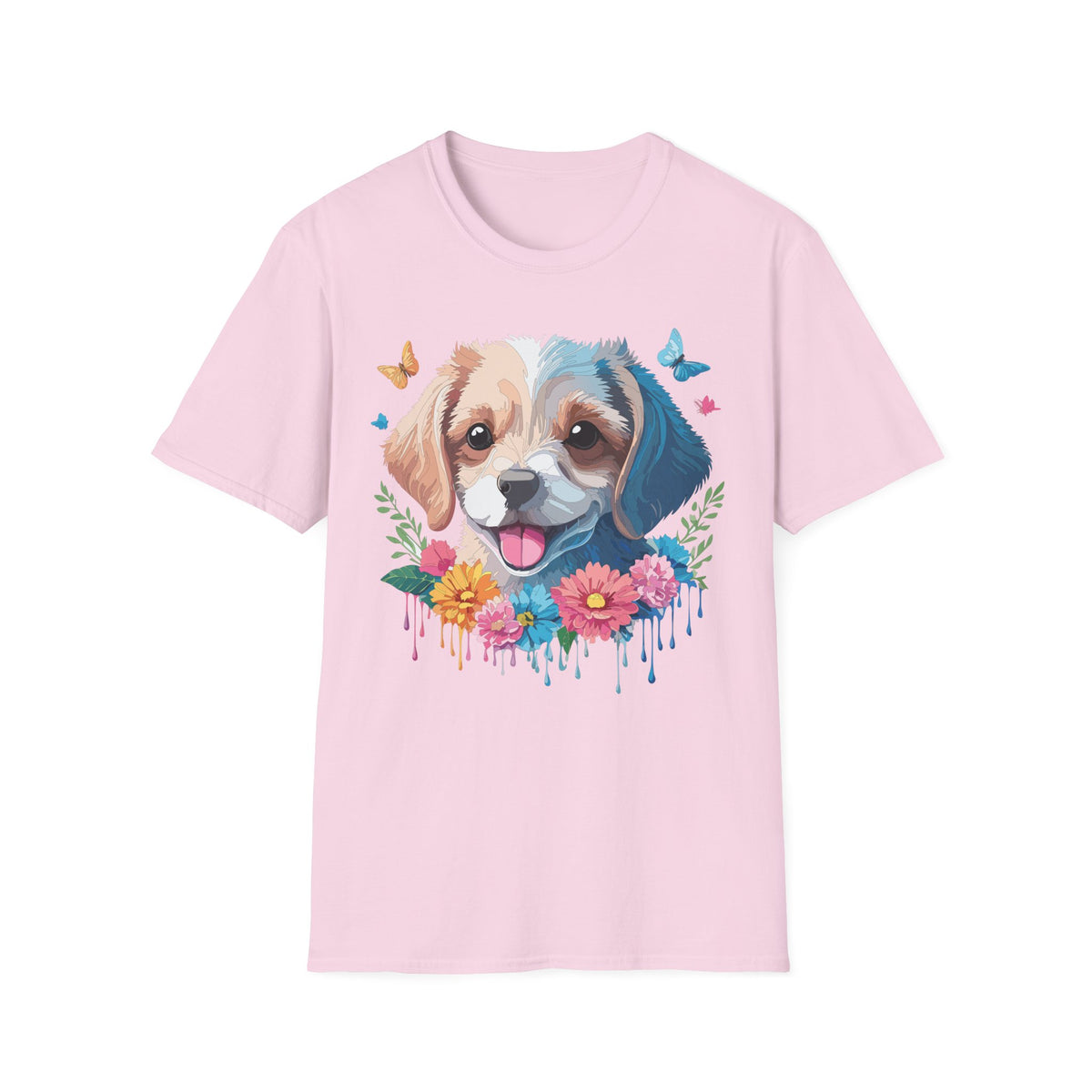 Happy Puppy Face T-Shirt | Cute Dog Portrait, Flowers & Butterflies
