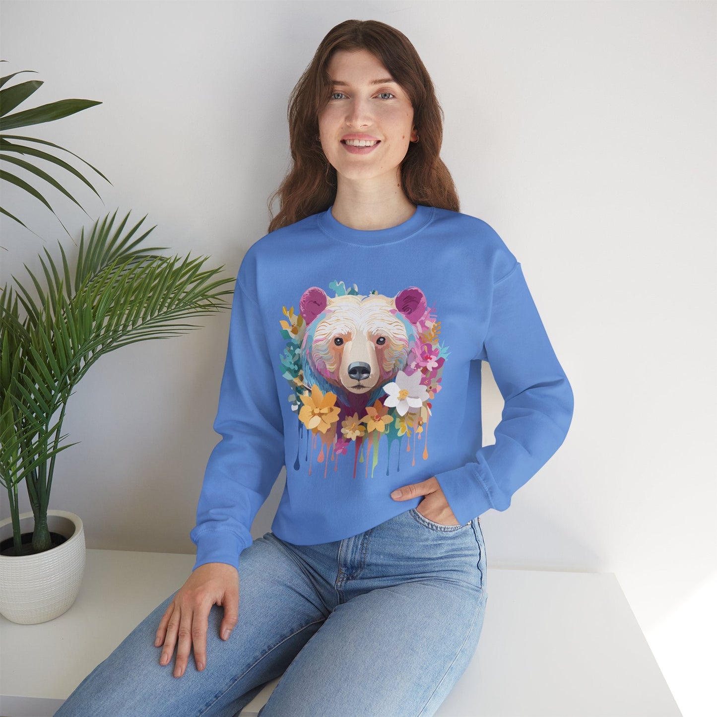 Unisex Floral Bear Sweatshirt With Art Design Gildan 18000 Crewneck