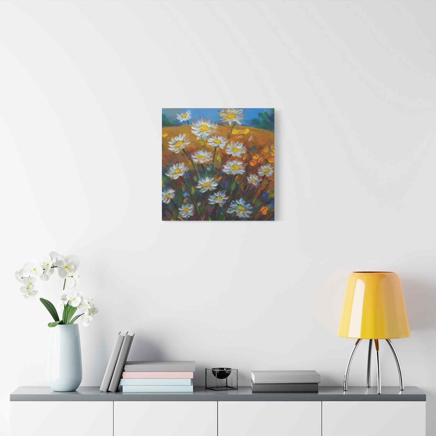 White Daisies Print Canvas, Floral Oil Paint Print 20x20, 24x24, 30x30, 32x32, 36x36 Art Design Pine-Wood Inner Frame MC-126