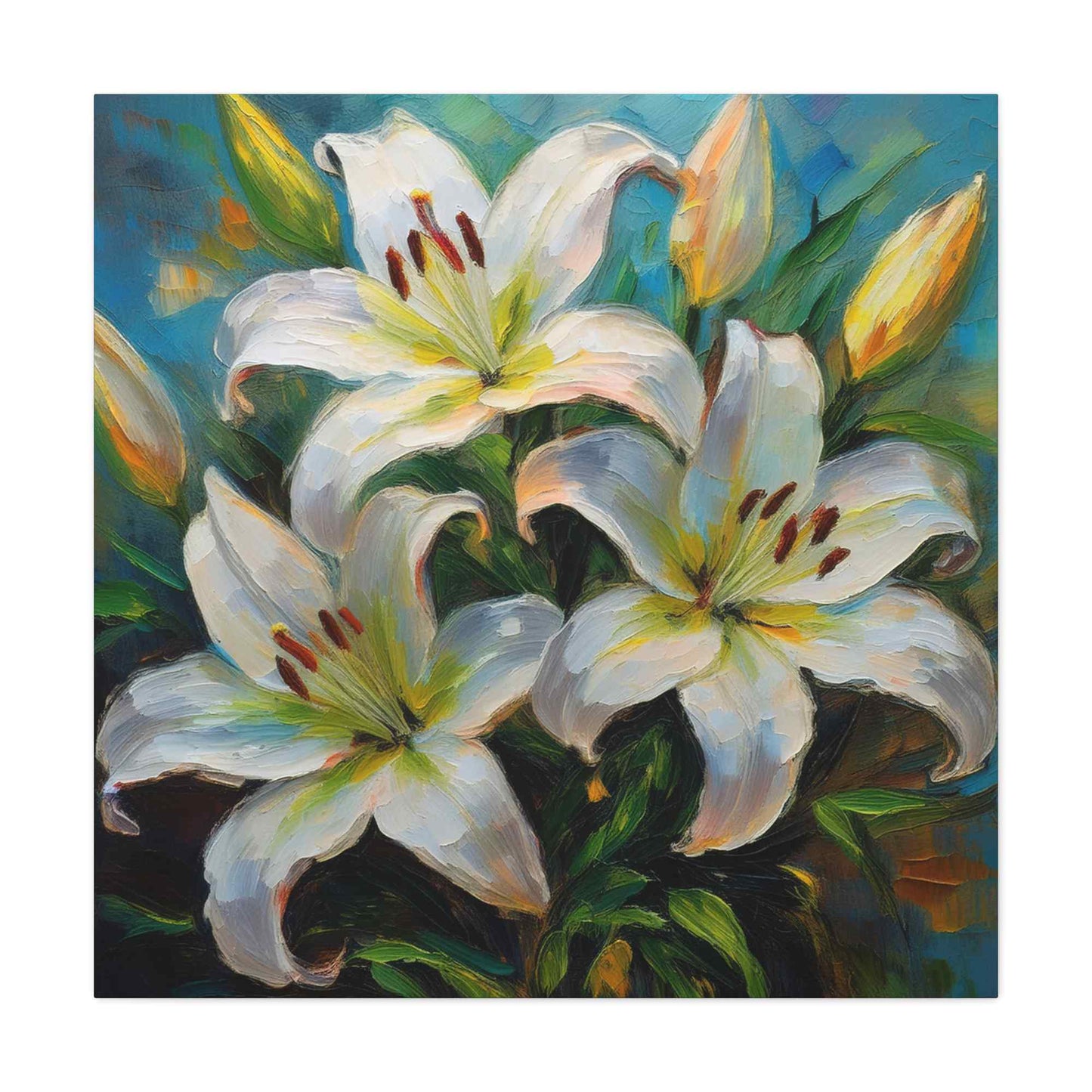 White Lilies Print Canvas, Floral Oil Paint Print 20x20, 24x24, 30x30, 32x32, 36x36 Art Design Pine-Wood Inner Frame MC-154