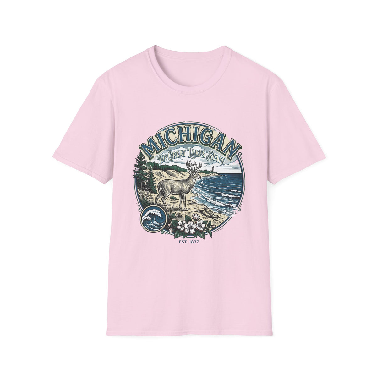 Michigan Deer Scenic T-Shirt — Vintage Great Lakes Travel Tourist Graphic Design Unisex 100 Cotton Gildan T-Shirt