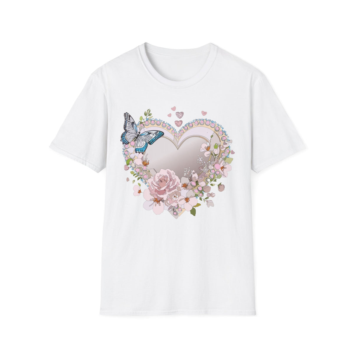 Floral Heart with Butterfly T-Shirt | Romantic Pastel Garden Graphic Tee Unisex 100 Cotton Gildan T-Shirt