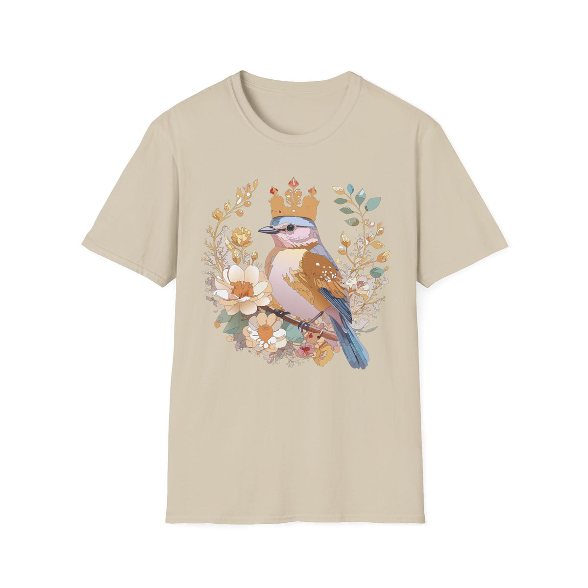 Crowned Blue Jay Bird Floral Illustration T-Shirt | Nature Bird Tee