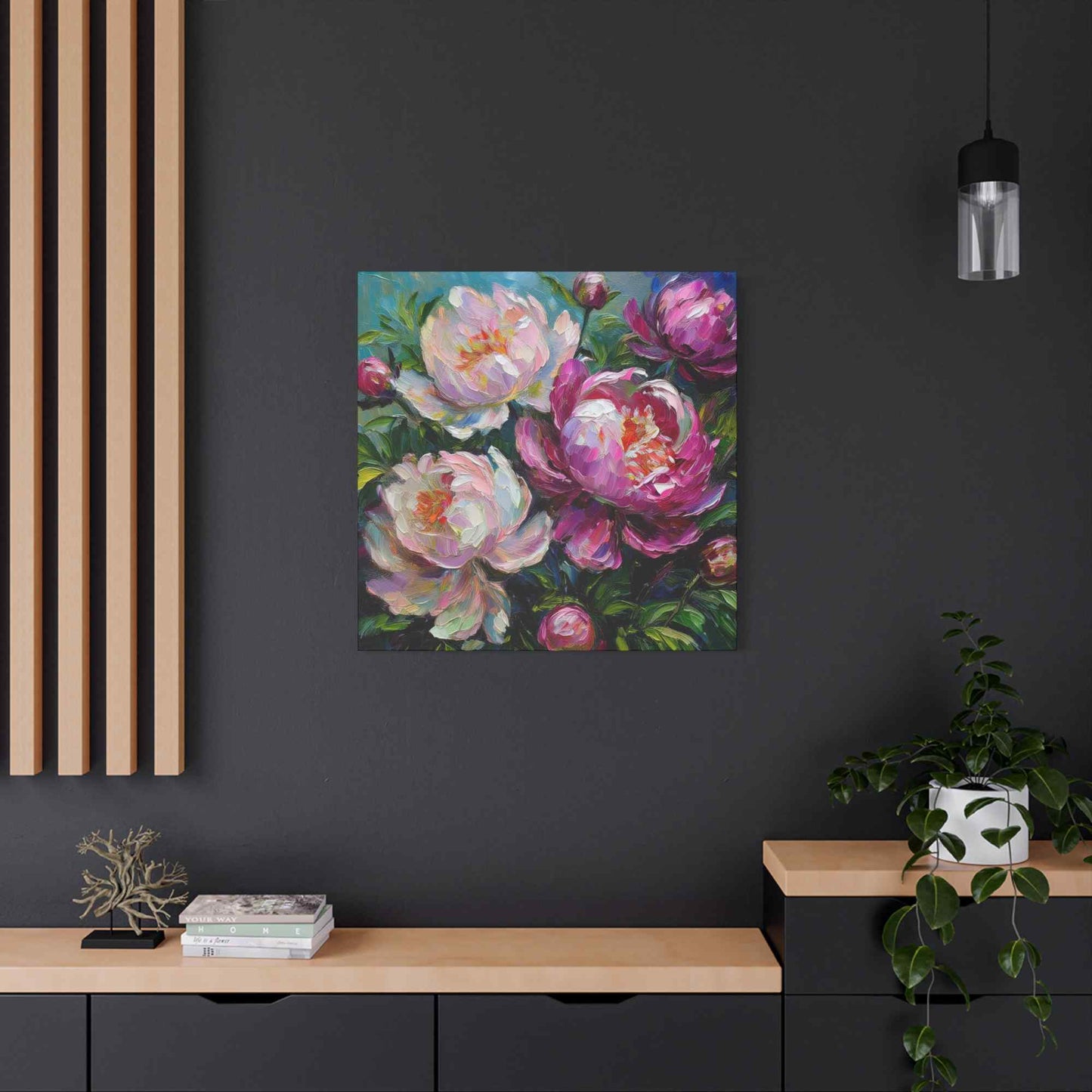 Pink Peonies Print Canvas, Floral Oil Paint Print 20x20, 24x24, 30x30, 32x32, 36x36 Art Design Pine-Wood Inner Frame MC-115