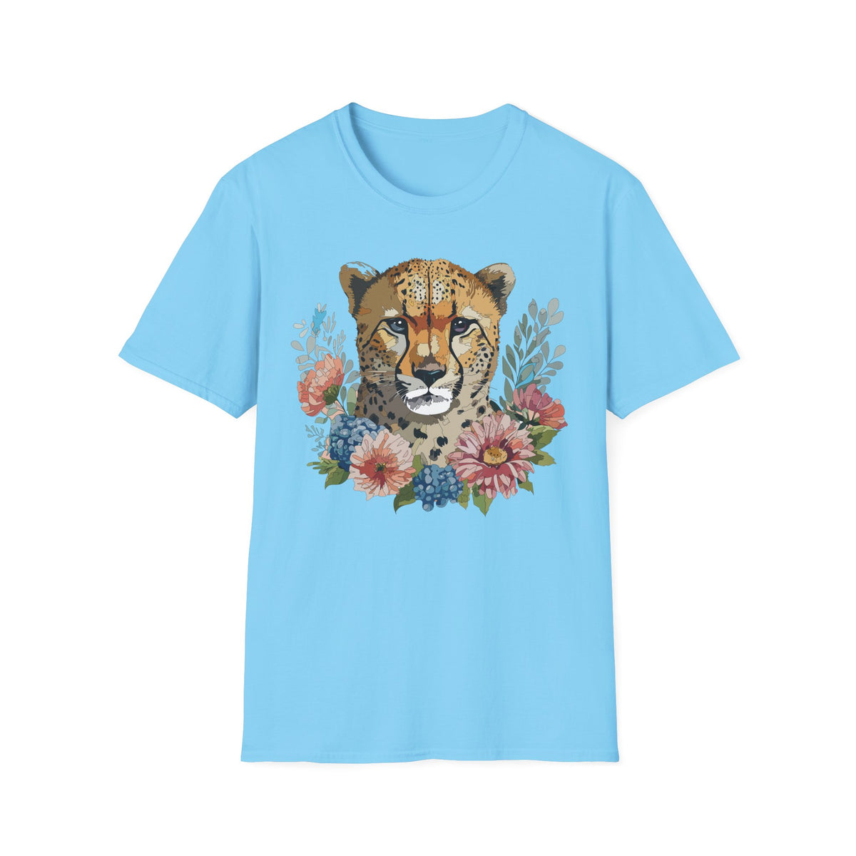 Floral Cheetah Face T-Shirt | Wild Cat Illustration, Botanical Accent