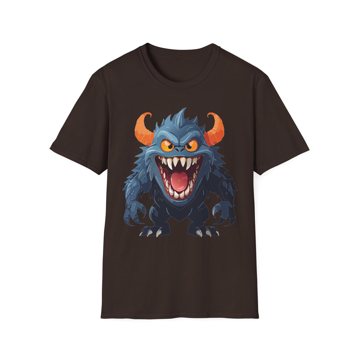 Monster Graphic T-Shirt — Fierce Blue Horned Creature Cartoon Graphic Tee Unisex 100 Cotton Gildan T-Shirt