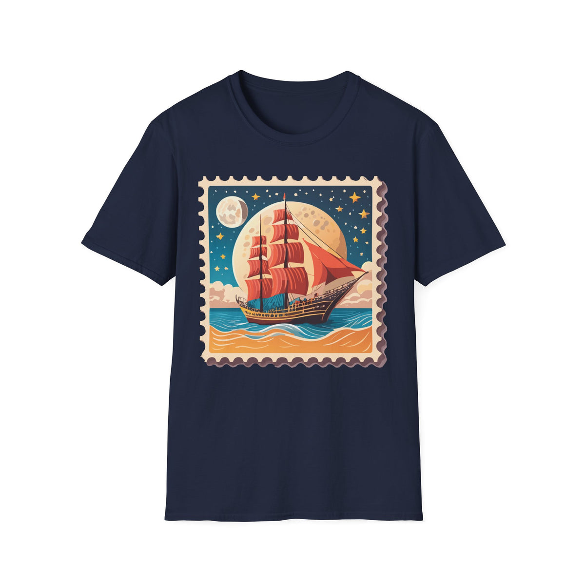 Vintage Sailing Ship Stamp T-Shirt | Retro Moonlit Ocean Illustration