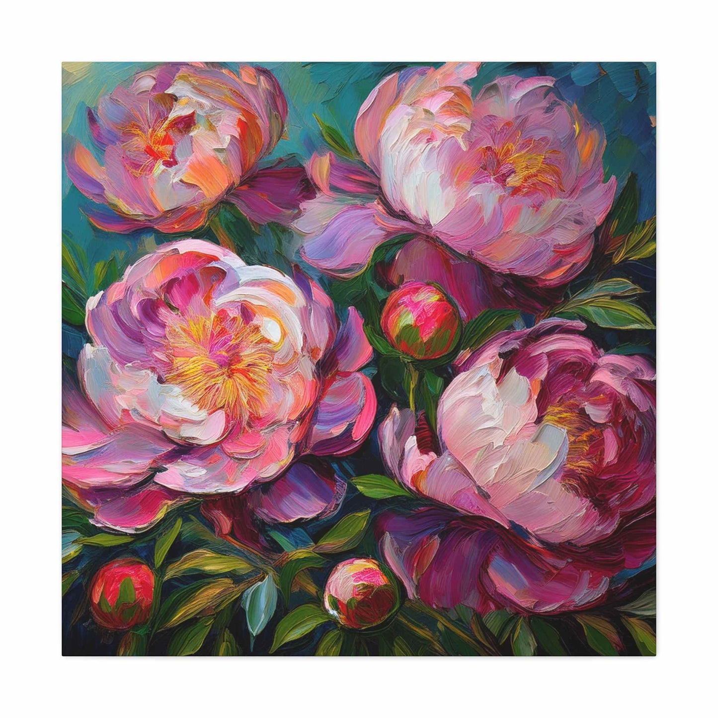 Pink Peonies Print Canvas, Floral Oil Paint Print 20x20, 24x24, 30x30, 32x32, 36x36 Art Design Pine-Wood Inner Frame MC-114