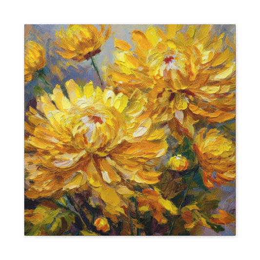 Chrysanthemums Print Canvas, Floral Oil Paint Print 20x20, 24x24, 30x30, 32x32, 36x36 Art Design Pine-Wood Inner Frame MC-164
