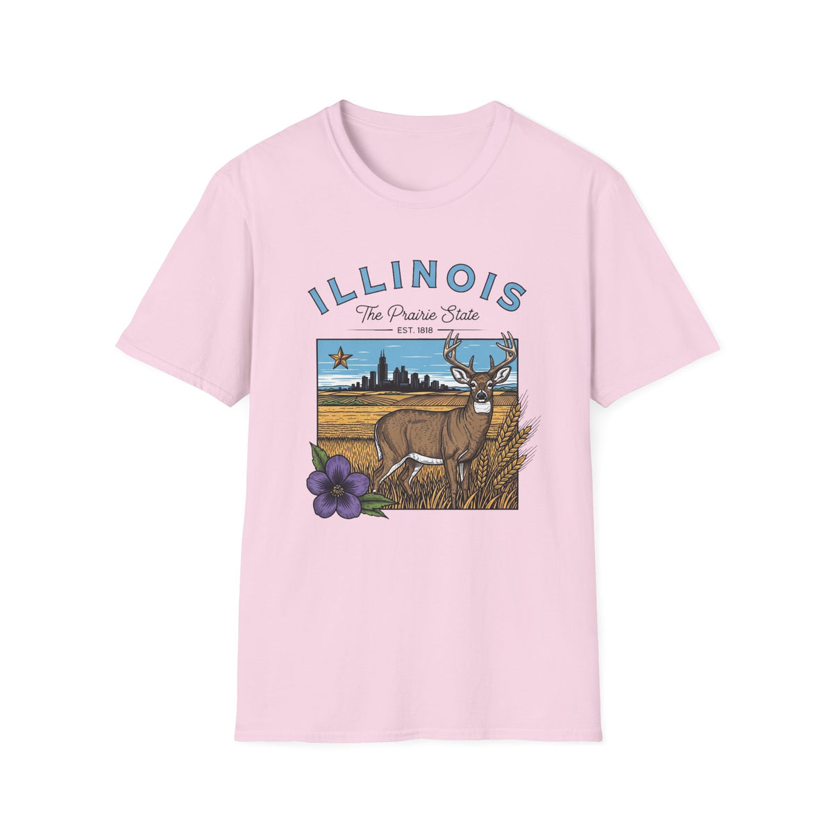 Illinois Deer State T-Shirt — The Prairie State Travel Tourist Graphic Design Unisex 100 Cotton Gildan T-Shirt