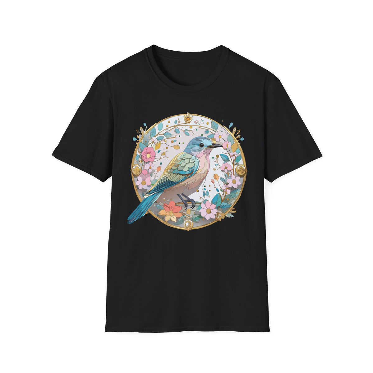 Floral Bird Illustration T-Shirt | Pastel Nature Circle Design