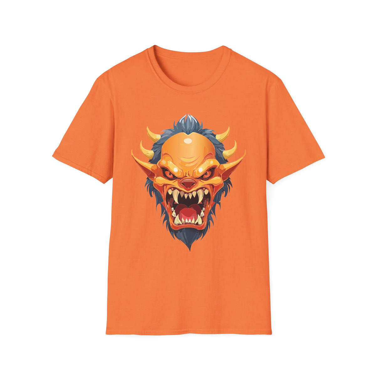 Demonic Oni Mask T-Shirt — Fierce Japanese Demon Face Cartoon Graphic Tee Unisex 100 Cotton Gildan T-Shirt