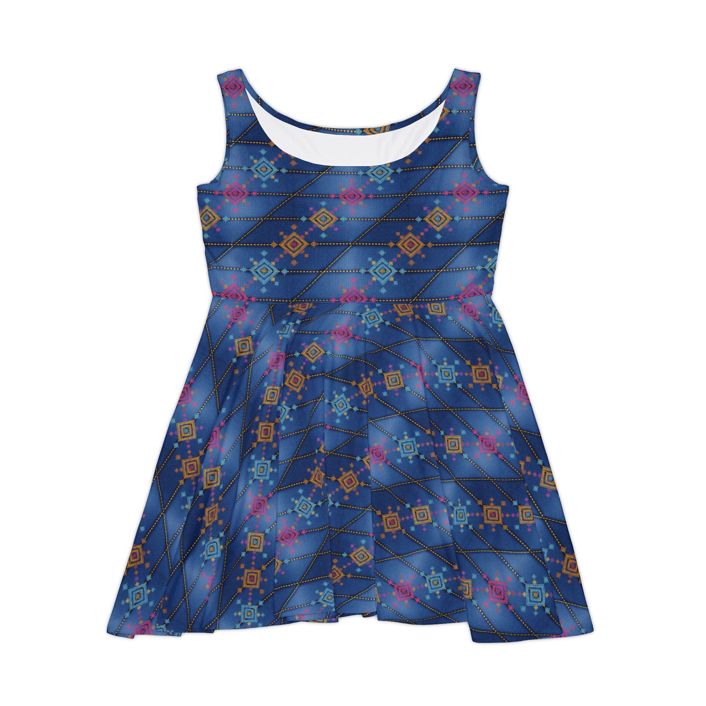 Women Diwali Denim Print Skater Dress, Denim Print Poly-Span Dress - 47