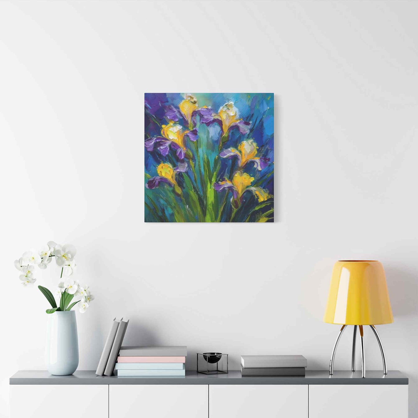 Irises Floral Print Canvas, Floral Oil Paint Print 20x20, 24x24, 30x30, 32x32, 36x36 Art Design Pine-Wood Inner Frame MC-184