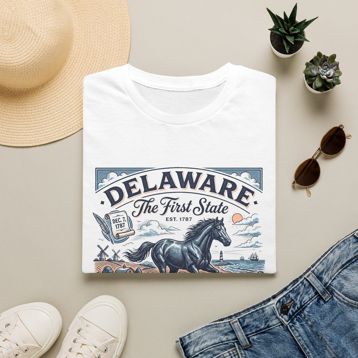 Delaware The First State Horse Travel Tourist Graphic Tee Unisex 100 Cotton Gildan T-Shirt