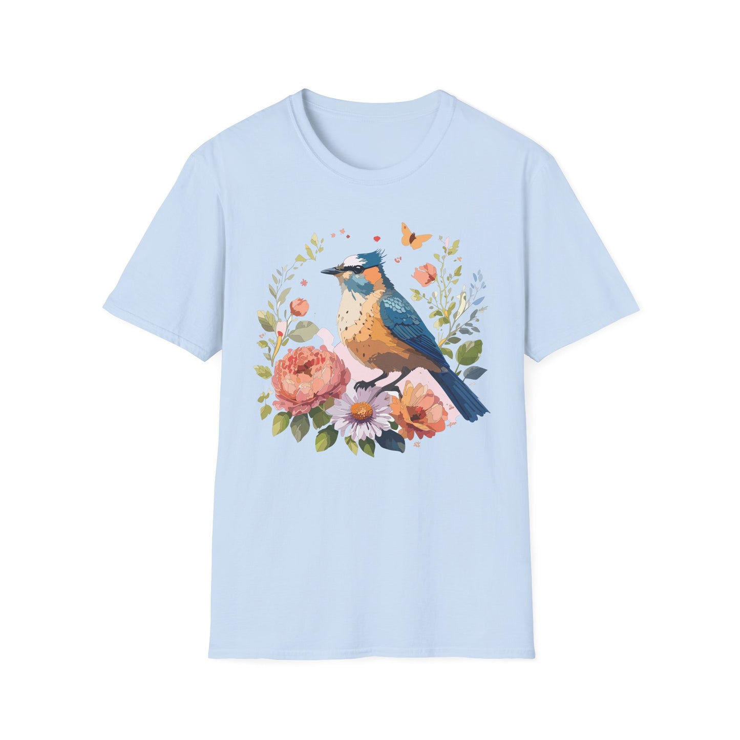 Floral Bluebird T-Shirt Unisex Cotton Short Sleeves Tee Shirt with Bird 3