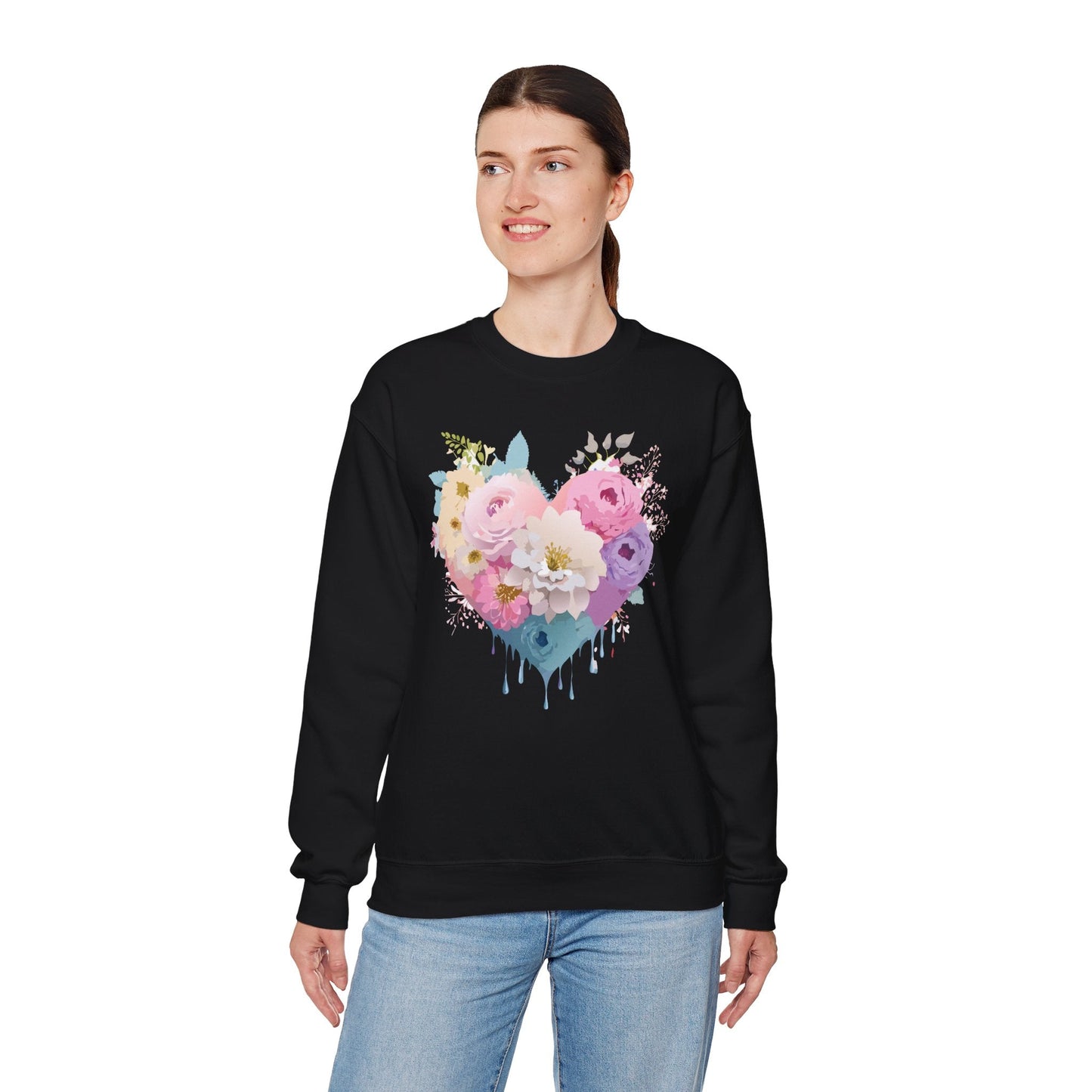 Floral Heart Unisex Crewneck Sweatshirt With Floral Love Valentines Day Design Premium Heavy Blend
