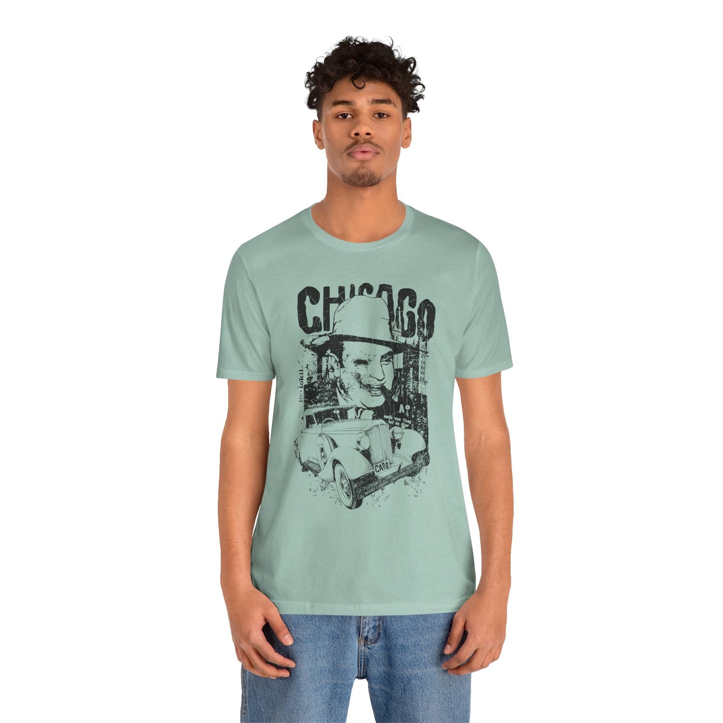 Chicago Retro Mobster Illustration Tee Vintage Car Cityscape Art Design T-Shirt A-8