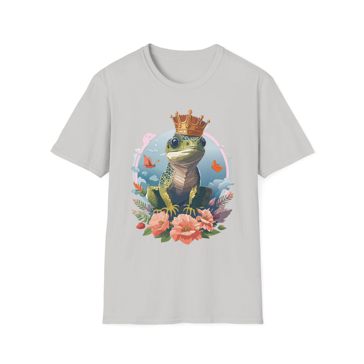 Frog Prince T-Shirt | Crowned Frog Illustration, Floral Accent