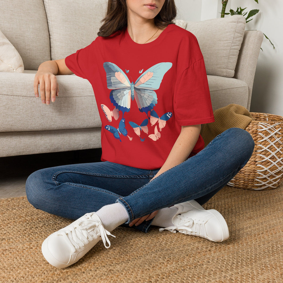 Butterfly Trio T‑Shirt — Pastel Blue & Peach Butterfly Graphic Design Unisex 100 Cotton Gildan T-Shirt